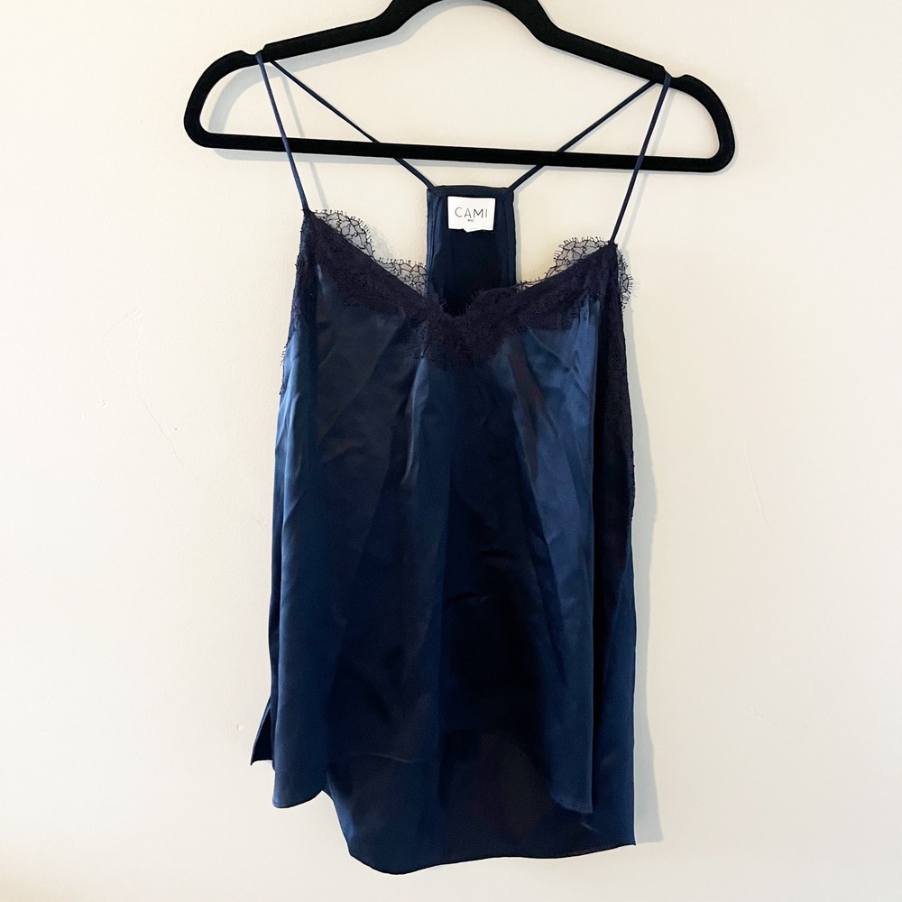 CAMI NYC Navy Blue 100% Silk Lace Trim Racerback Camisole Tank Top Medium - Picture 3 of 10